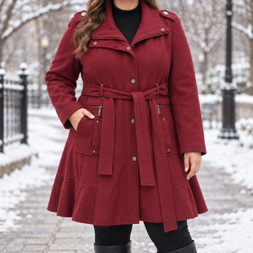 Calvin Klein Jeans Women’s XXL 2X Burgundy Wool Blend Belted Coat NWOT